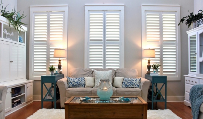 Salt Lake City modern living room with plantation shutters 